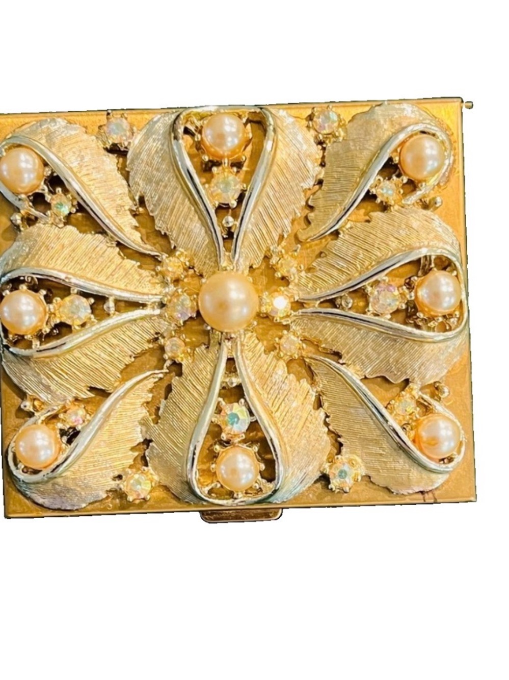 Vintage Saks Fifth Ave Compact Mid Century Aurora Borealis Crystals & Pearls